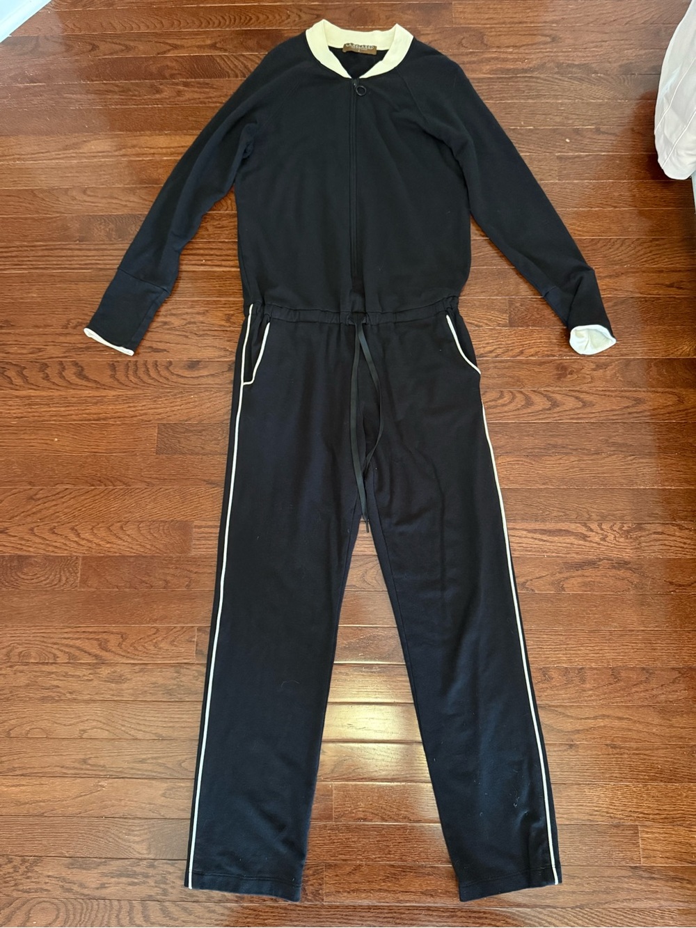 Women’s Black Jumpsuit with Cream Trim - Casual Long Sleeve Romper